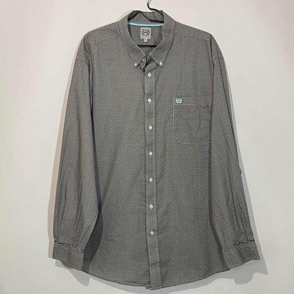 Cinch Button Down Western Shirt Mens XL Black Gray Diamond Pattern Made USA